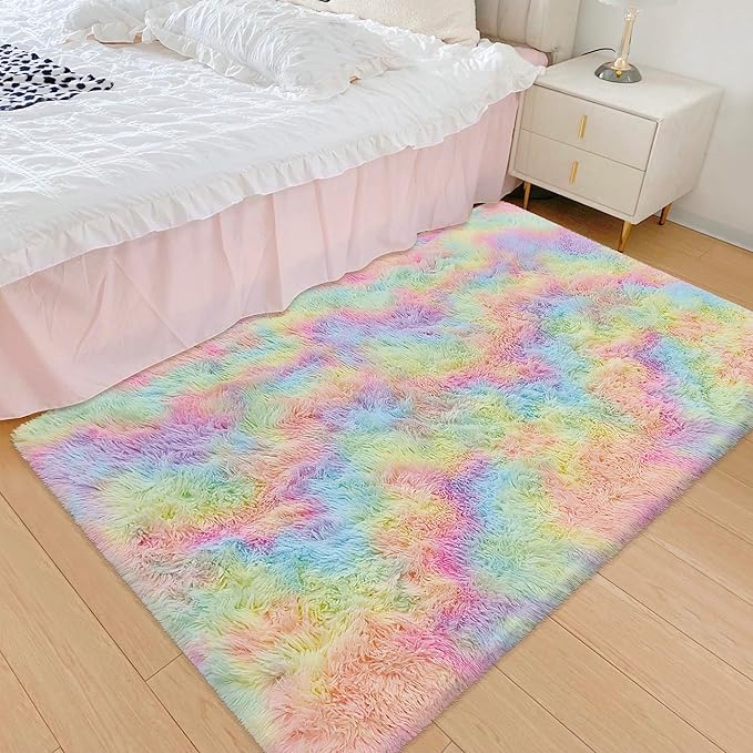 Small Fluffy Rainbow Colorful Area Rug for Girls Bedroom 3x5 Kawaii Tie Dye Rug Fuzzy Unicorn Throw Rug for Living Room Kids Nursery Baby Princess Room Living Room Home Decor Aesthetic Carpets