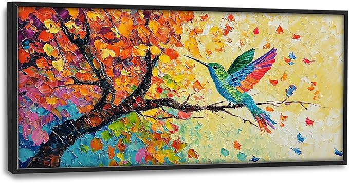 Hummingbird Framed Wall Art for Living Room, Large Bird Canvas Wall Decor, Hummingbirds on Branch Pictures Painting, Modern Artwork for Bathroom Bedroom 60L'' × 30W''