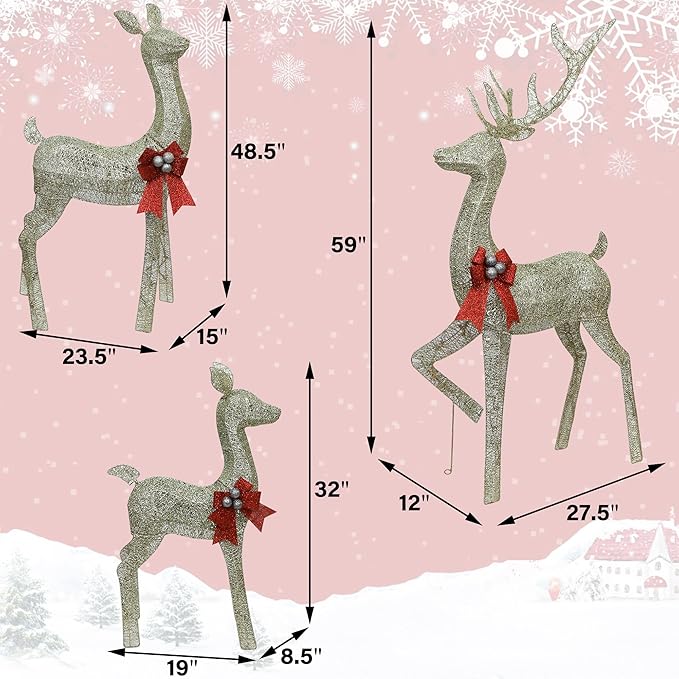 winemana 3 Pcs Christmas Reindeer Decorations Outdoor, Lighted Large Deer Yard Decor Light up 3D Deer Family Set for Outside Indoor Lawn Garden Xmas Holiday Party (Gold)