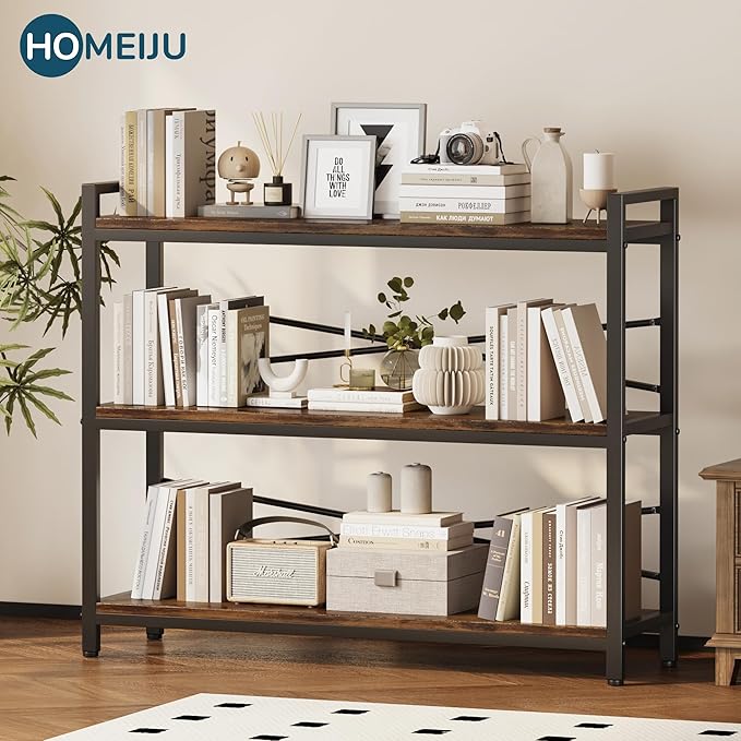 3 Tier Bookshelf 39.37" Width, Long Industrial Bookcase, Vintage Farmhouse Modern Wooden Big Book Shelf for Home Living Room Bedroom Office Storage(Rustic Brown)