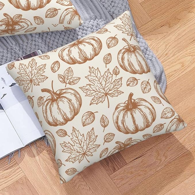 Fall Pumpkin Pillow Covers 16x16 inch Set of 2, Linen Autumn Outdoor Thanksgiving Harvest Fallen Leaves Rustic Farmhouse Decorations for Sofa Couch
