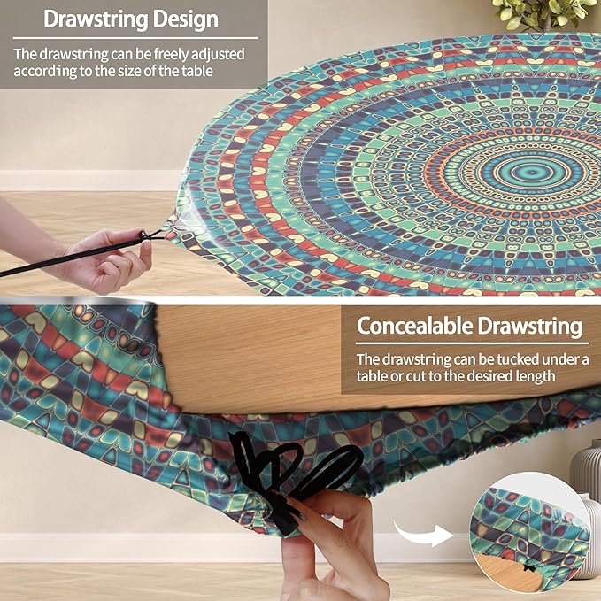 Boho Vinyl Round Tablecloth Waterproof Fitted Table Cloth Summer Fall Outdoor Circle Cover for 36-44" Tables Kitchen Dining Apartment Essentials Picnic Camping Party Decor Housewarming Gifts