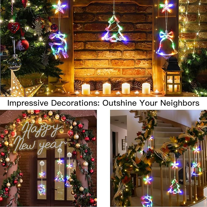 suddus Christmas Window Lights Decorations, 3Pcs Tree-Jingle Bell-Deer Shaped Xmas Lights Battery Powered with Suction Cups & Timer, Hanging String Lights Indoor for Tree, Fireplace, Multicolor