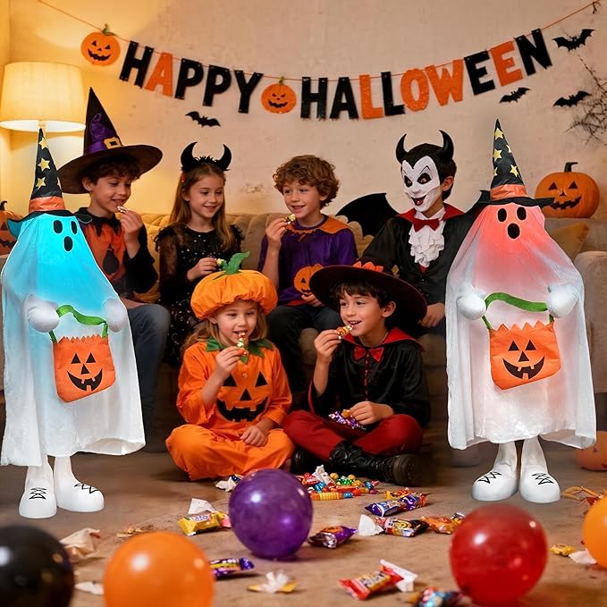Halloween Decorations Outdoor Light up Ghost Porch Decor with Color Changing Lights & Small Candy Bag for Trick or Treat, 37" Halloween Party Favors Indoor Home Decor, Spooky Gifts for Kids & Adults