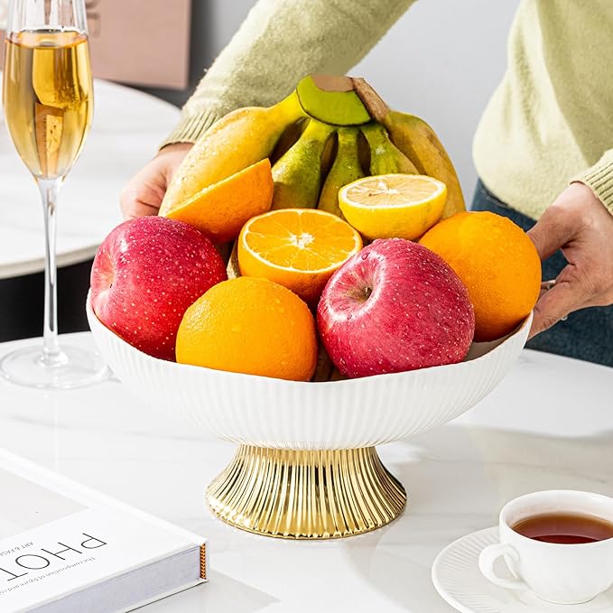 Ceramic Fruit Bowl,10” Pedestal Bowl, Decorated Fruit Tray for Kitchen Counter and Dining Table, Footed Bowls for Afternoon Tea Parties, Bread and Salad Bowl with Golden Feet. (white)