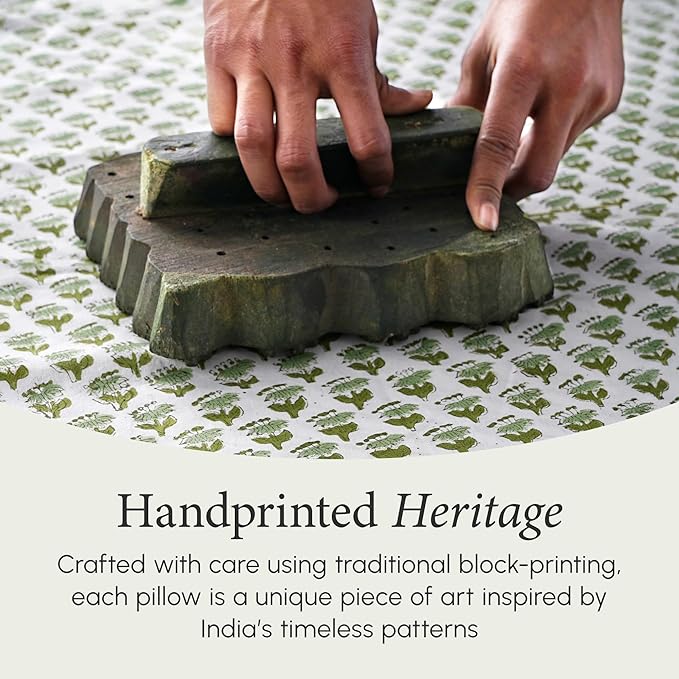 CPC 100% Cotton Throw Pillow Covers 18x18 Inch, Set of 2 Green Block Print Pattern Couch Pillow, Cute Boho Decorative Pillows for Living Room, Bedroom with Hidden Zipper- Emerald Green