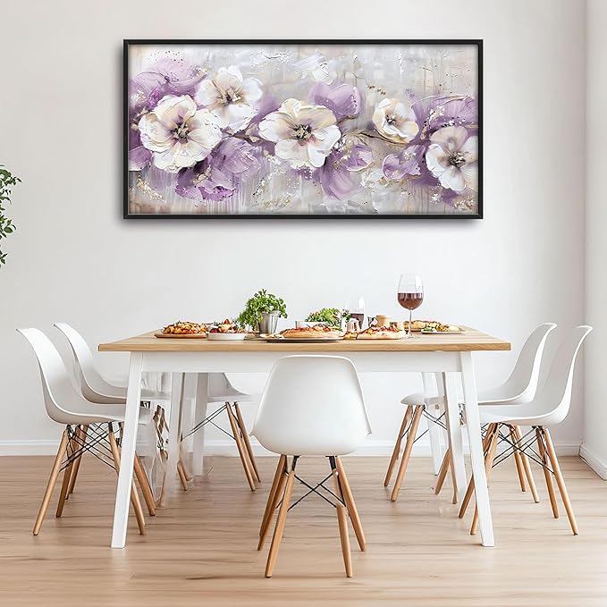 Large Wall Art for Living Room Framed, Purple Flower Wall Decor Pictures, Abstract Floral Canvas Print Painting, Aesthetic Artwork Bedroom Office Home Decor 60"x30"