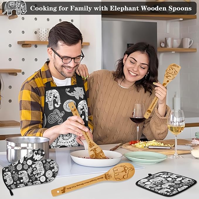 Elephant Gifts for Women,8pcs Elephants Bamboo Cooking Utensil Spoons with Apron Oven Mitt Potholder,Personalized Elefante Gift for Mom,Housewarming Kitchen Decor,Birthday Gifts (Black)