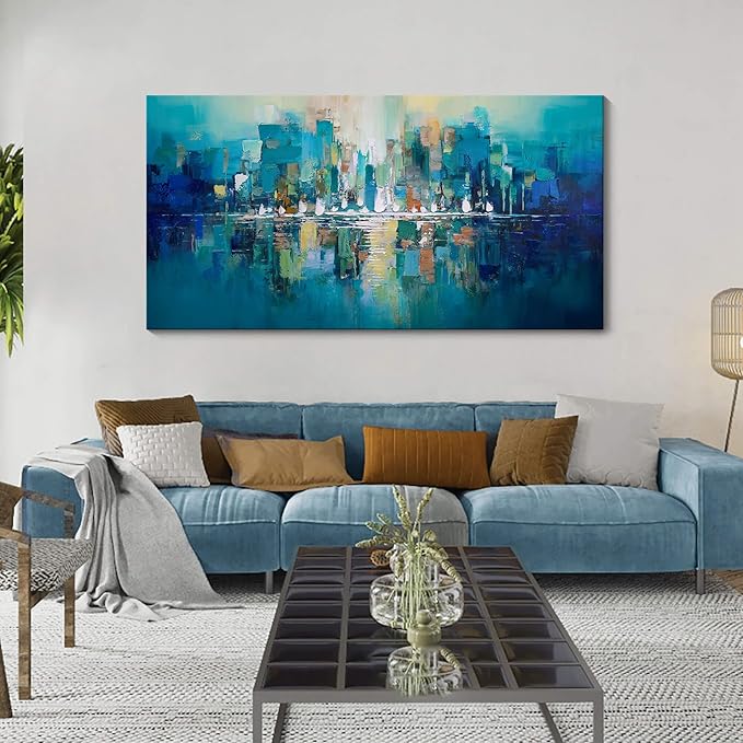YDYSUNE Abstract Wall Art - Teal Canvas Wall Decor City Picture,Large Modern Artwork for Living Room Bedroom Office Decoration Green Home Decor Painting Size 24X48inch