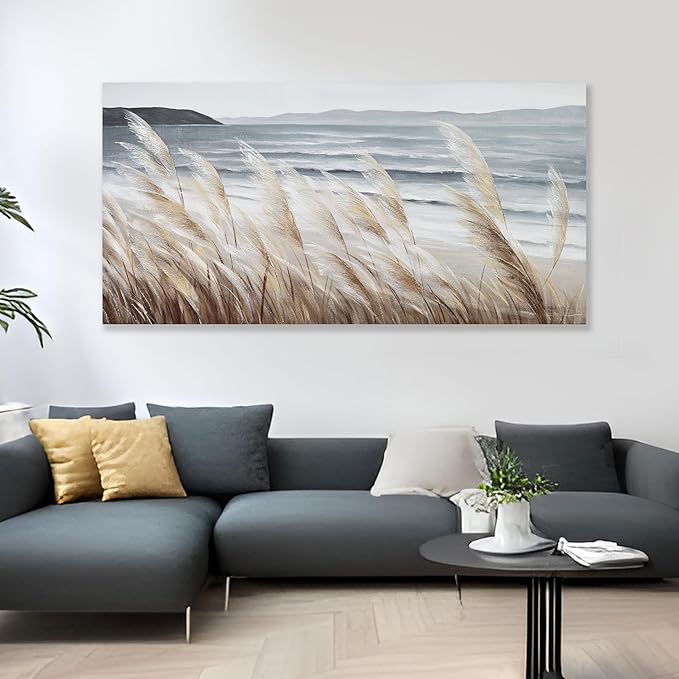 Plant Wall Art Nature Wall Art Reed Seascape Canvas Painting Wall Decor Framed Artwork for Bedroom Living Room Decoration Home Kitchen Office 24"x48"