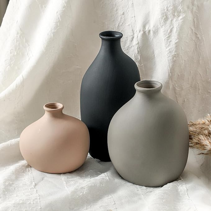 Ceramic Vase Set of 3, Modern Rustic Pottery Vases for Home Decor,Farmhouse Flower Vase for Pampas Grass, Dried or Fresh Flowers, Decorative Vases for Living Room, Bedroom, Bookshelf, or Table.
