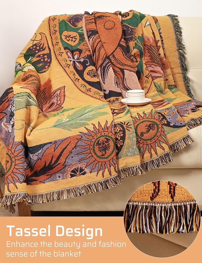 Boho Throw Blanket for Bed Couch Sofa Reversible Cotton Bohemian Travel Boho QuiltMexican Muslin Blanket Tapestry Hippie Room Decor Outdoor Blanket Double Sided (Sun Pattern Yellow 60"x80")
