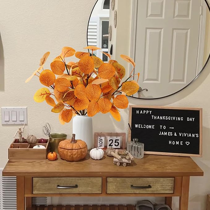 Sggcecsy 6 Pcs Fall Eucalyptus Leaves in Glass Vase 14" Artificial Autumn Stems Silver Dollar Leaves Fake Silk Branches with Vase for Indoor Home Autumn Festival Thanksgiving Decor