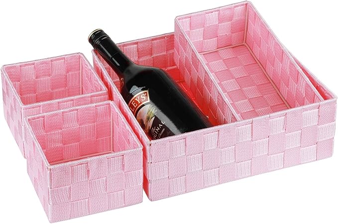 Posprica Woven Storage Baskets for Organizing, Small Baskets Cube Bin Container Tote Organizer Divider for Drawer, Closet, Shelf, Dresser, Set of 4(Pink)