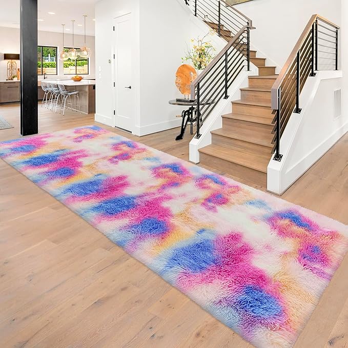 Fluffy Colorful Rug for Bedroom 3x10 ft Kawaii Tie-Dyed Area Rug Non Slip Cute Unicorn Kids Runner Rug for Girls Princess Teens Living Room Playroom Baby Nursery Decor Carpets