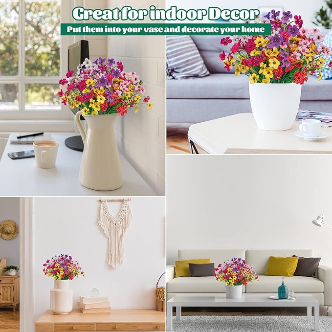 Lnoicy 24 Pcs Artificial Flowers for Outdoor,Plastic Flowers Decoration, UV Resistant Faux Flowers Shrubs, Artificial Plants for Indoor Outside Garden Home Wedding Farmhouse（6 Color）