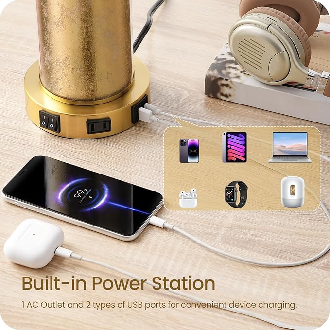 25.6" Gold Table Lamps Set of 2, Tall Bedside Lamps with Nightlight, Modern Nightstand Lamp with USB Ports, Desk Lamp for Bedroom, Living Room, Office, LED Bulbs Included W01TL05