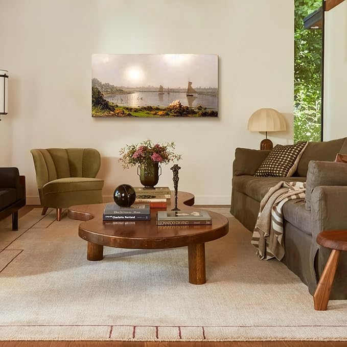 crmotu Large Canvas Wall Art, Harbor Landscape Vintage Art Prints, Coastal Sun Sailboat Scenery Nature Pictures, Retro Nautical Paintings Wall Decor Living Room Bedroom Bathroom Office Decor 20"X40"