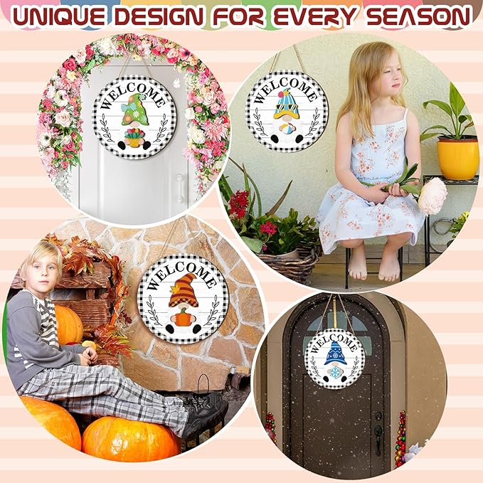 Qunclay Interchangeable Wooden Gnome Decor Holiday Seasonal Gnome Decorations with Magnet Pieces and Detachable Hats Changeable Welcome Sign for Home(Black and White Checkered Style)
