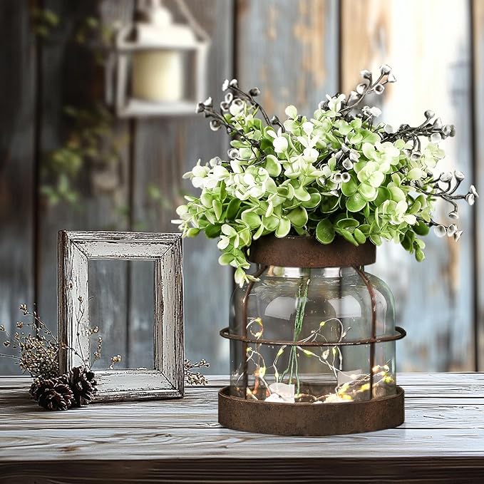 Farmhouse Rustic Vintage Primitive Glass Vases Lantern with Lights Green Artificial Eucalyptus Fake Plants Home Decor Centerpiece for Coffee Office Dining Table Shelf Desk Counter Kitchen Bathroom