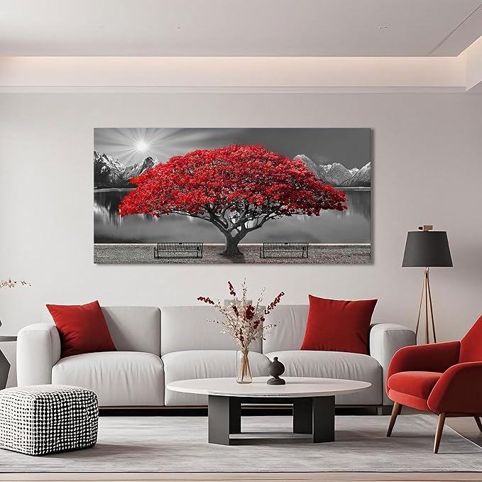Black and White Red Tree Wall Art Canvas Print Picture Large Red Tree Landscape Modern Artwork for Living Room Bedroom Office Home Wall Decor With Frame 29X58inch