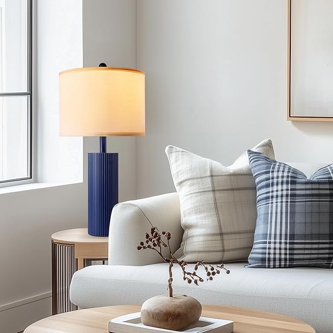 24.5" Blue Table Lamps Set of 2, Modern Living Room Touch Lamps with USB C+A Ports, 2 Bulbs Included, Table Light Fixture for Nightstand, Creative Stripe Bedside Lighting