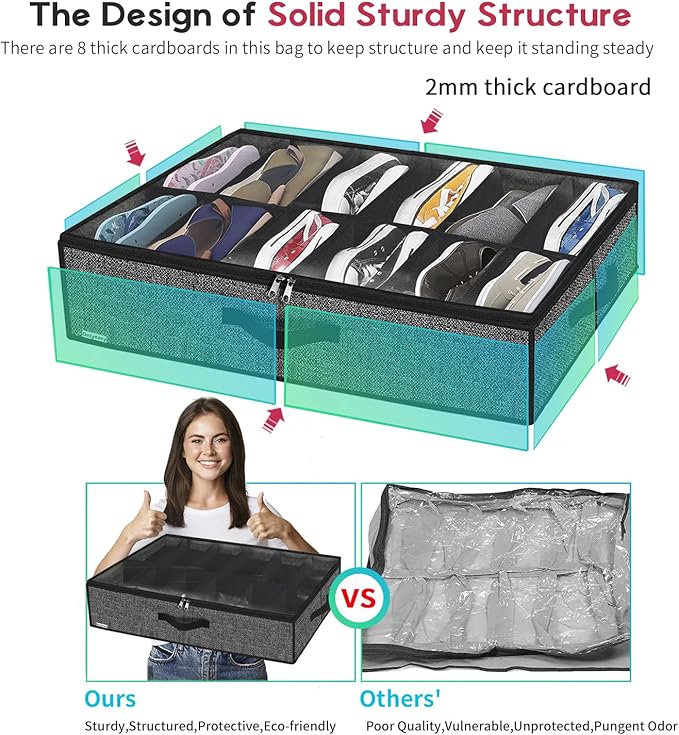 Onlyeasy Under Bed Shoe Storage Organizer with Sturdy Handles and Clear Window 1 Pack Fits 12 Pairs, Premium Foldable Underbed Shoes Container Box for Closet, Linen-like Black, MXAUBSB1P