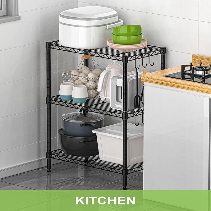 3-Tier Metal Storage Shelves, Steel Wire Rack Units Organizer, Adjustable Utility Shelf, Commercial Metal Shelf for Kitchen Garage Pantry Laundry