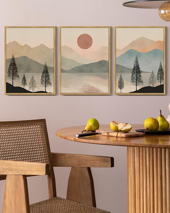 KUVIOKE Vintage Landscape Framed Wall Art Mountain Range Wall Decor Ink Wash Watercolor Nature Laker Sun Rises Prints Bedroom Living Dining Room Ready to Hang 12x16in (Natural Framed)