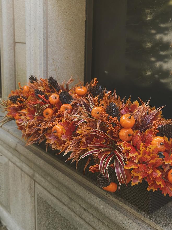 13pcs Outdoor Artificial Maple Leaf Pumpkin Branch with Berry and Maple Leave for Indoor Outside Hanging Plants Garden Porch Window Box Home Wedding Farmhouse Décor