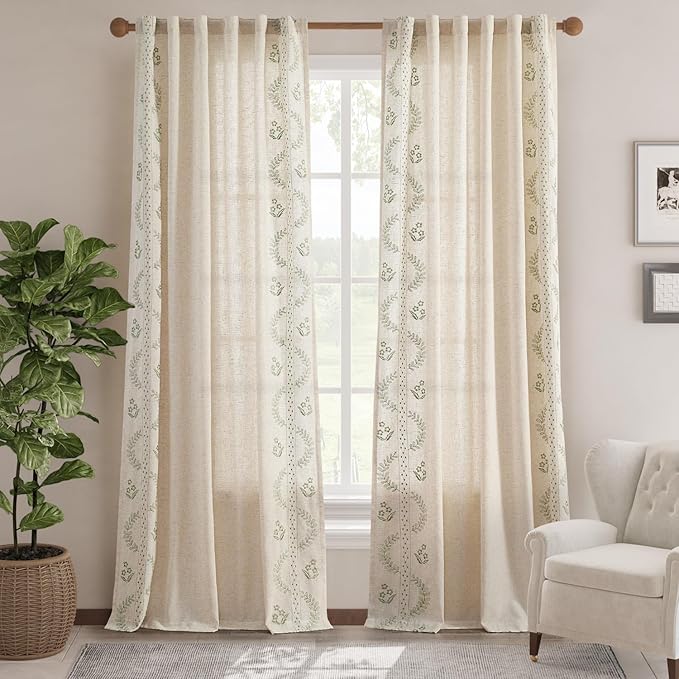 jinchan Belrose Linen Curtains for Bedroom Floral Curtains 96 Inch Length Linen Blend Sage Green Embroidered Drapes Farmhouse Flower Patterned Drapes for Living Room Window Treatments Set 2 Panels