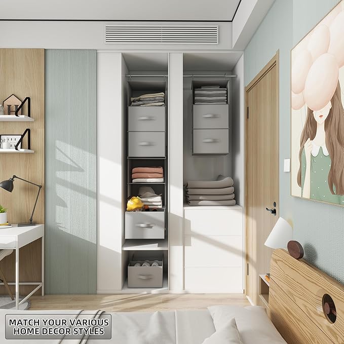 Twira 6-Shelf Hanging Closet Organizer, 2 Separable 3-Shelf Hanging Shelves, Hanging Storage with 3 Removable Drawers 4 Side Pockets, Storage Organizer for Closet, Nursery (Light Grey)