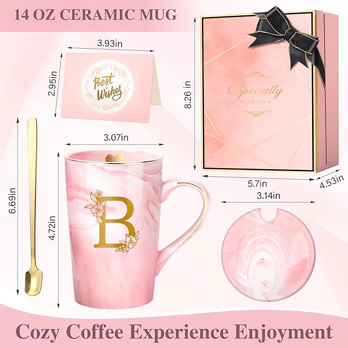 Personalized Ceramic Coffee Mug Gifts for Women, 14 Oz Pink Initial Customized Cool Marble Ceramic Mug, Birthday Christmas Mother's Day Gifts for Her Wife Mom Grandma Friend Sister Unique,B