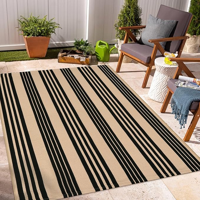 OJIA Outdoor Area Rugs 4'x6', Black and Tan Outdoor Rug Machine Washable Patio Rugs Cotton Hand Woven Entryway Rug Indoor Rugs for Bedroom/Porch/Deck/Backyard/Camping/Living Room