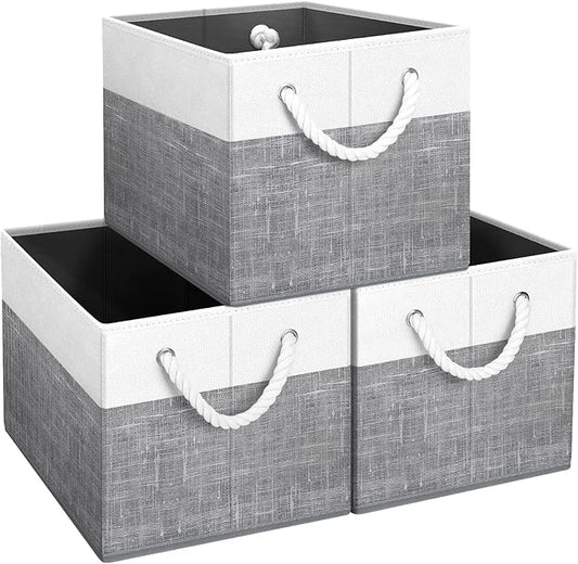 Fab totes Storage Bins [3-Pack], Foldable Storage Baskets for Organizing Toys, Books, Shelves, Closet, Large Storage Box with Rope Handles, Sturdy Organizer Bins, White & Grey