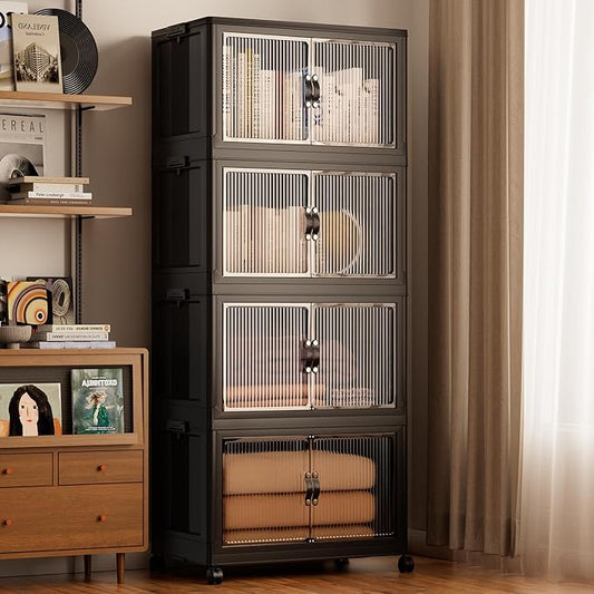 Jalove 50QT Plastic Storage Bins with lids, Stackable Collapsible Storage Containers with Wheels, Closet Organizer and Drawers, Clothes Storage Cabinet for Home Office Garage, 4 Pack Black