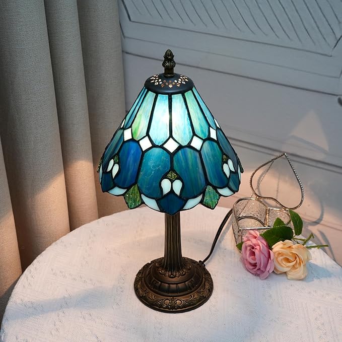 8 Inch Tiffany Style Colorful Lamp, Blue Green Umbrella Retro Design Bedside Lamp, Suitable for Bedroom, Dormitory Cafe and Other Home Art Decoration