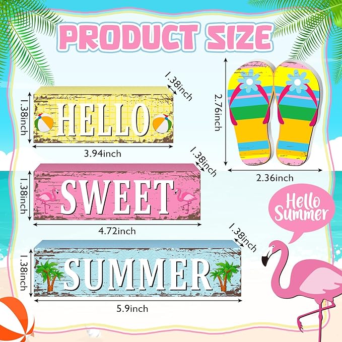 Geelin 4 Pcs Summer Decorations Wooden Sign Hello Summer Flip Flop Table Centerpiece Tiered Tray Decor Beach Farmhouse Blocks Table Top Sign for Home