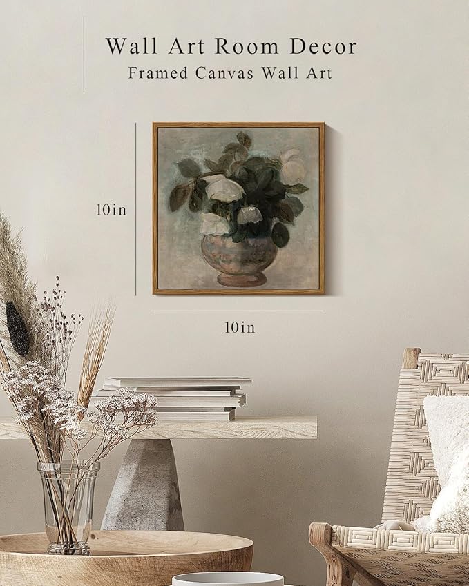 InSimSea Square Framed Canvas Wall Art, Flower Pictures Decor Flower in Vase Wall Painting, Pictures for Bedroom Bathroom Art Wall Decor, Kitchen Office Living Room Wall Art 10"x10"