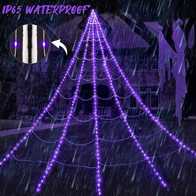 inst Spider Webs Halloween Decorations Outdoor 290LED Halloween Spider Web Lights Decoration with 78.7'' Large Spider & 3.53oz Stretch Cobweb 23Ft Giant Lighted Web with 8 Modes (Purple)