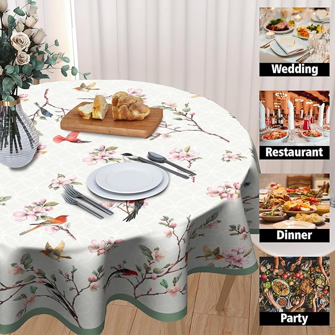 Spring Flowers Round Table Cloth Spring Hummingbird Round Tablecloth 60 Inch Spring Summer Circle Table Cover Colorful Floral Birds Table Cover for Kitchen Dining Room Farmhouse Indoor Outdoor Decor