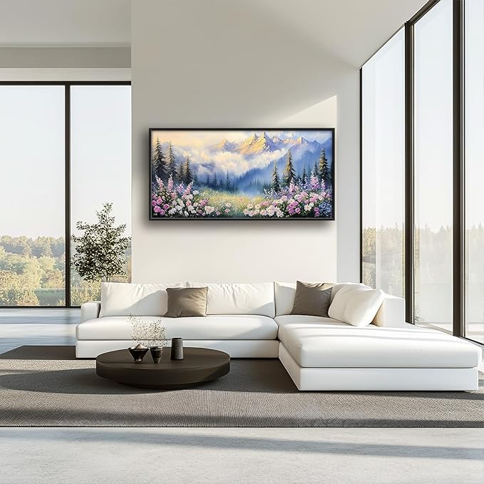 Framed Large Wall Art for Living Room, Forest Mountain Canvas Wall Decor, Flowers Tree Pictures Painting, Modern Landscape Artwork for Bedroom Office 60L'' × 30W''