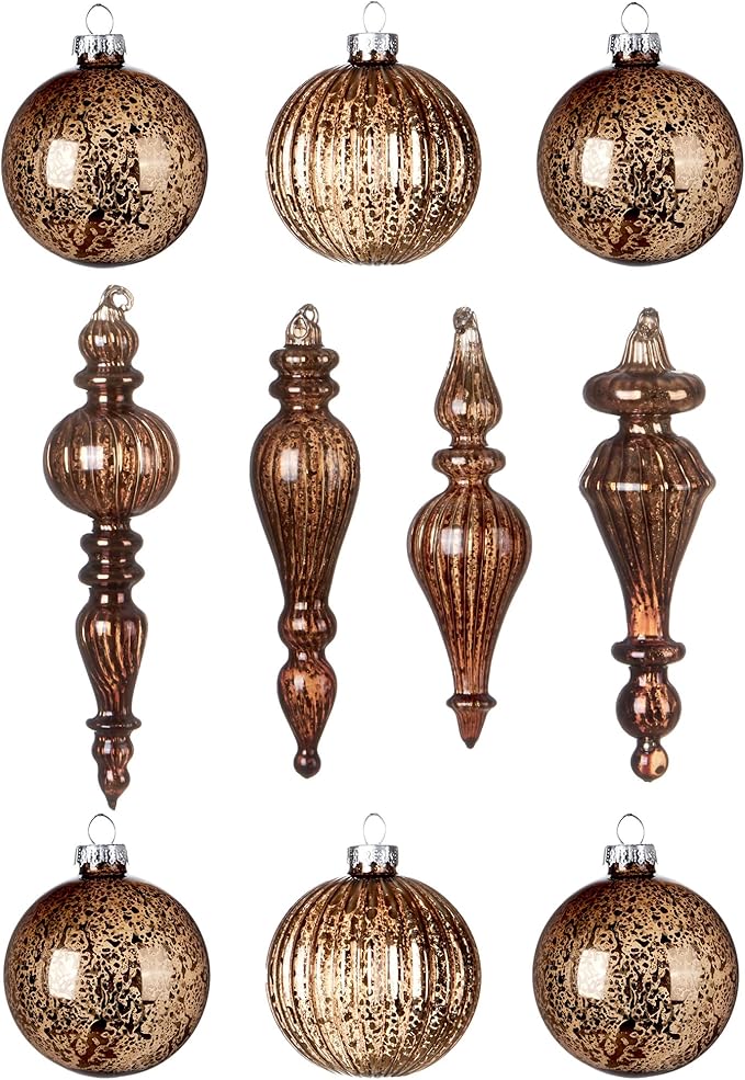 DN DECONATION Mercury Glass Christmas Ornaments, 10pcs Vintage Brown Glass Hanging Balls Finial with Different Shapes for Xmas Tree Decor,Luxury Christmas Baubles for Neutral Holiday Winter Decoration