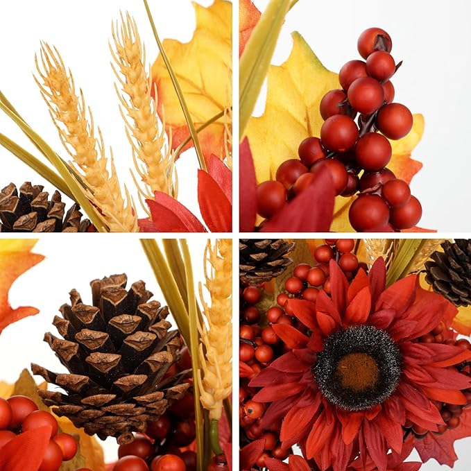 Briful Set of 2 16in Fall Burgundy Sunflower Picks and Sprays with Pinecones Berries Maple Leaves Artificial Fall Floral Branches Stems for Autumn Home Wedding Party Vase Centerpieces Decor