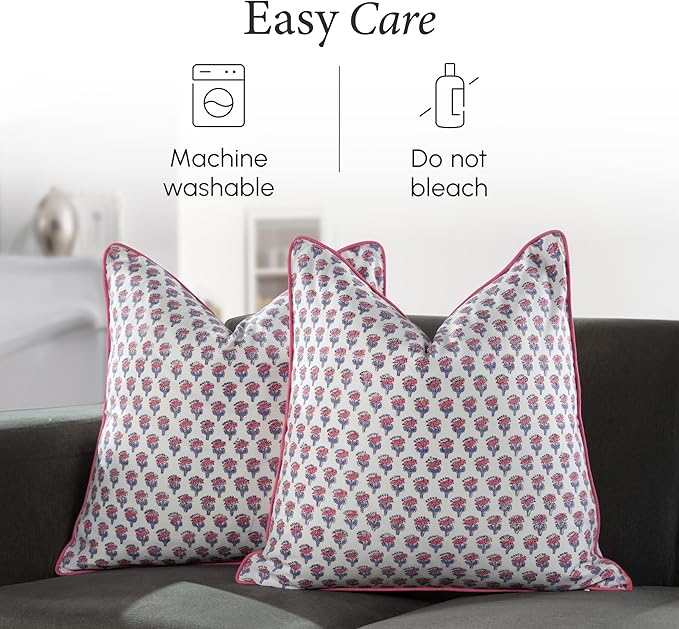 CPC 100% Cotton Throw Pillow Covers 20x20 Inch, Set of 2 Pink Block Print Pattern Couch Pillow, Cute Boho Decorative Pillows for Living Room, Bedroom with Hidden Zipper- Pink Sapphire