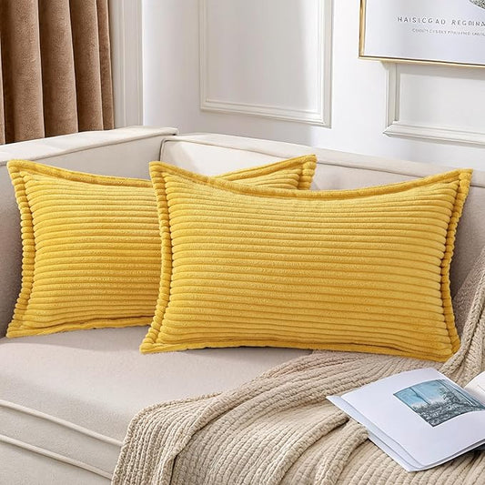 Mecatny Corduroy Throw Pillow Covers 12x20 Set of 2, Neutral Decorative Soft Boho Lumbar Couch Pillow Covers with Broadside for Sofa Living Room, Mustard Yellow