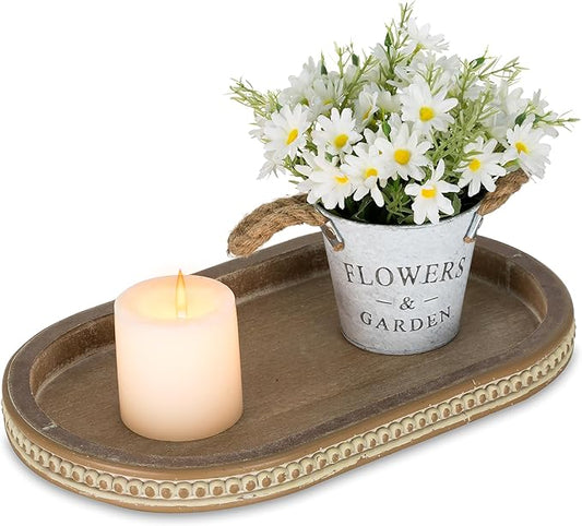 Hanobe Decorative Serving Tray Wood: Brown Bead Oval Tray for Coffee Table Rustic Wooden Trays Decor Farmhouse Kitchen Counter Tray Vintage Centerpiece for Living Room Home Organizer