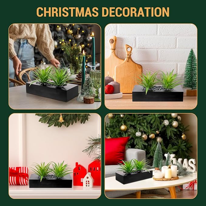 MyGift 10 Inch Fake Grass Artificial Plants in Rectangular Black Wood Planter - Faux Plants Indoor for Tabletop Centerpiece Décor