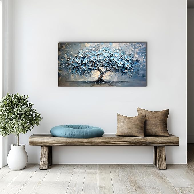 crmotu Tree of Life Large Wall Art, Blue Tree Oil Paintings Art Prints, Blooming Flowers Canvas Wall Decor, Modern Abstract Wall Pictures for Living Room Bedroom Bathroom Home Office 20"X40"