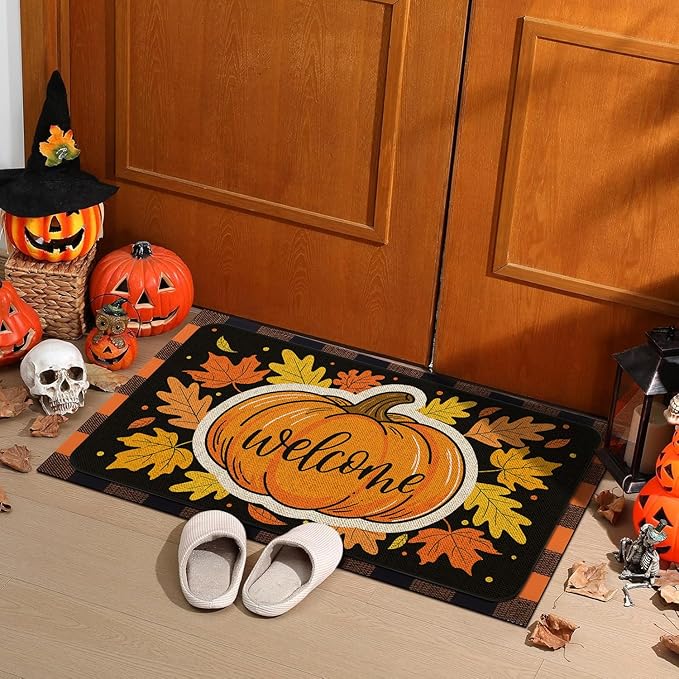 Fall Welcome Doormat 30x17 Inch Fall Pumpkin Front Door Mat Indoor Outdoor Entrance Floor Mats Non-Slip Washable Seasonal Autumn Thanksgiving Home Decor Rugs